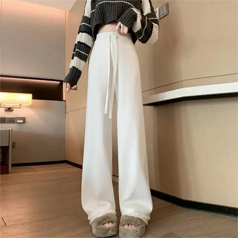 Loose Pants Women Autumn Winter 2023 Fashion Casual Drawstring Wide Leg Pants Chic High Waisted Straight Knitted Pants