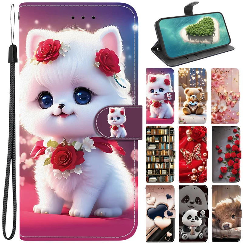 Rose Cat Bear Case for Samsung Galaxy A57 A37 A17 A07 A56 A36 A55 A16 A35 A54 A53 A52s Cases Wallet Flip Stand Back Cover Strap