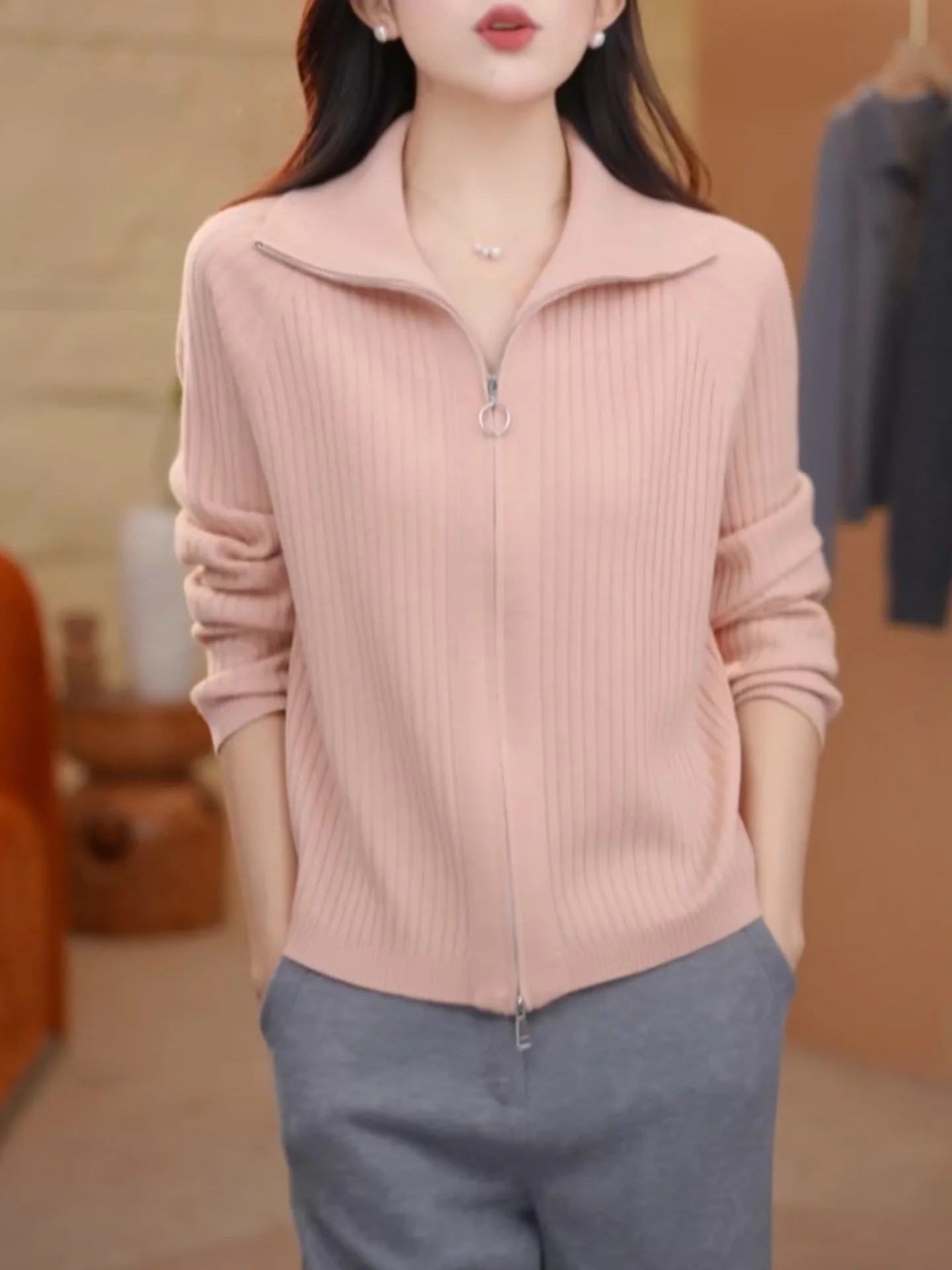 

Розовый нежный вязаный кардиган с двойной молнией на воротнике, женский осенне-зимний облегающий кардиган-накидка, мягкий и уютный трикотаж