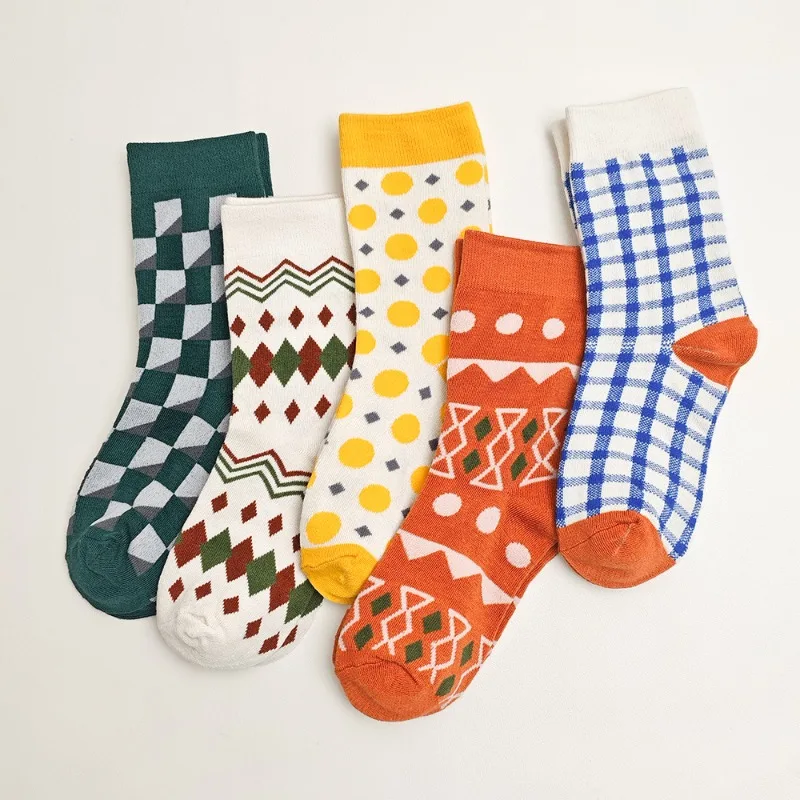 5 Pairs Autumn New Vintage Personalized Trendy Women's Middle School Socks Match Color Versatile College Style Women's Socks