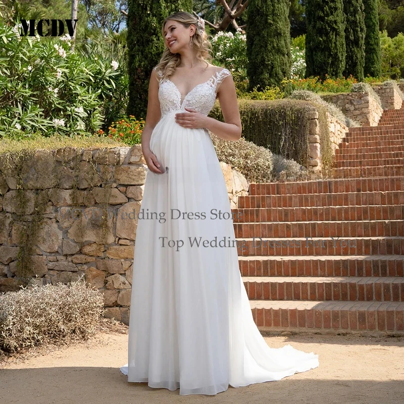 

Pregnant Bride Dresses Applique Lace Backless V Neck Empire Waist Chiffon Cap Sleeve robe mariée femme enceinte Customized