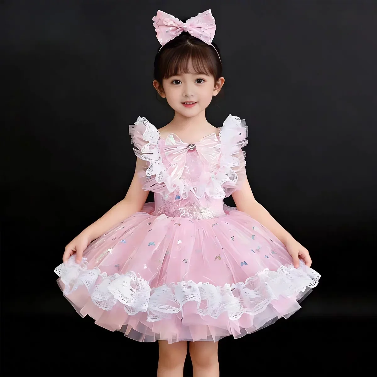 Blue Pink Modern Sequin Dance Dress Girls  Contemporary Freestyle Flower Butterfly Tutu Dance Costume Girls Children Kids