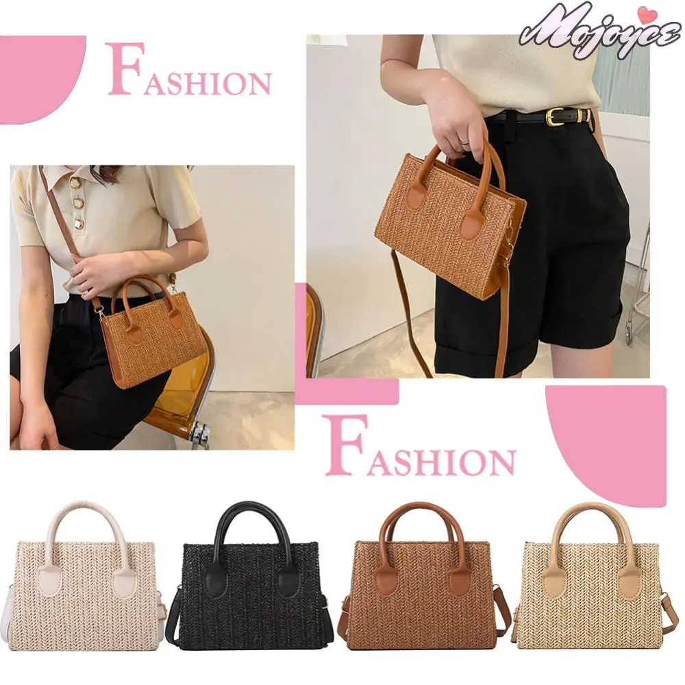 

Women Travel Shopper Handbag Adjustable Strap Handheld Straw Satchel Bag Solid Color Crochet Square Bag Summer Holiday Bags
