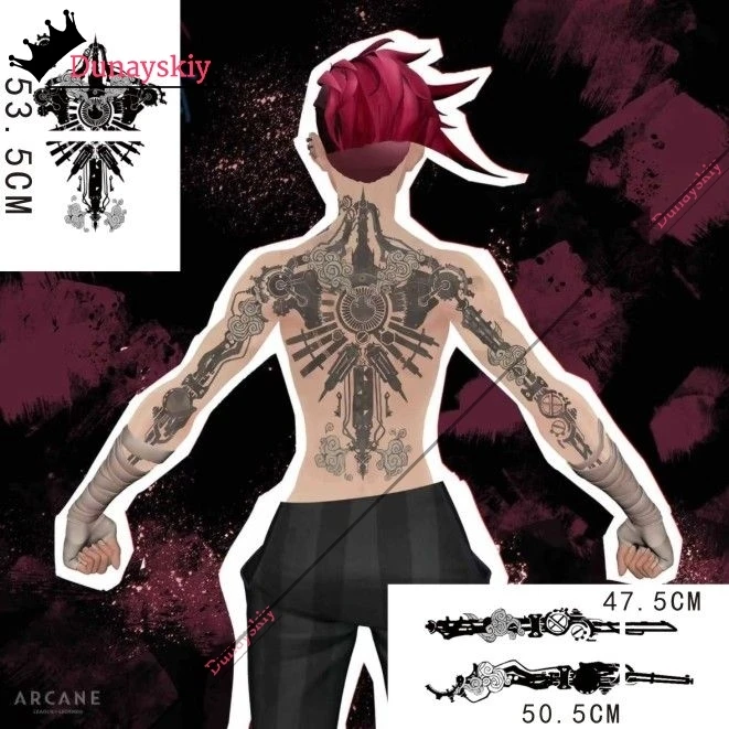 Game LoL Arcane 2 Vi Cosplay Costume Dorsal Tattoo Sticker 47-53CM Waterproof Tatoos  Arcane VI Role-playing Decals Accessory