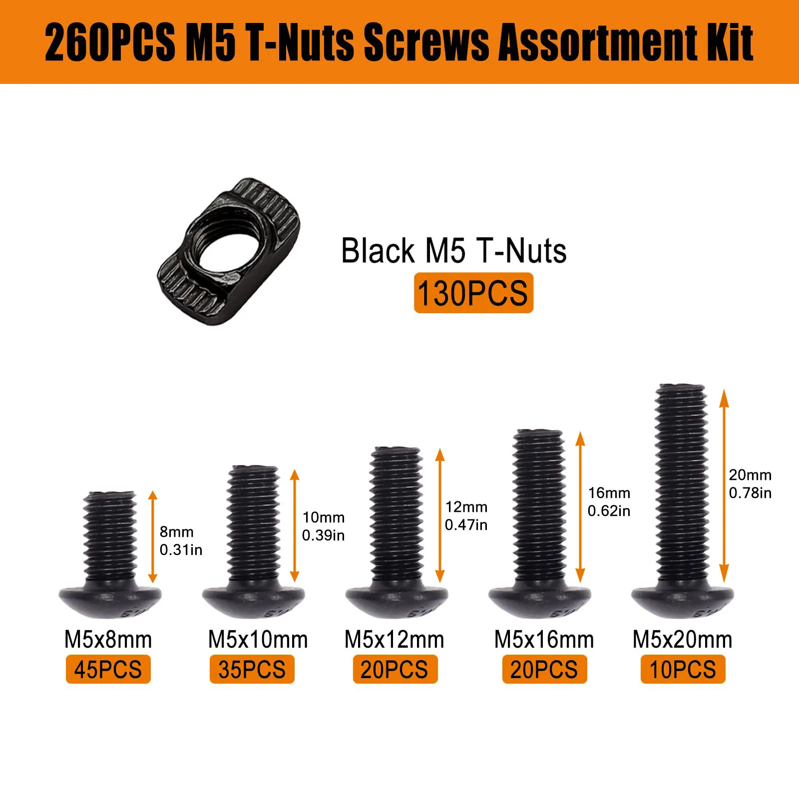 260PCS M5 T-Nut Screw Set for 2020 Aluminum Extrusion, M-Lok Rail Mount Hardware Fastener Kit