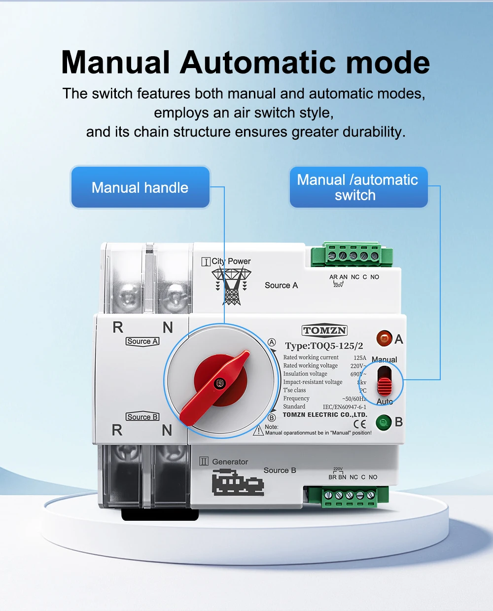 TOMZN Single Phase Din Rail ATS 220V Dual Power Automatic Transfer Electrical Selector Switches Uninterrupted 2P 63A 100A 125A