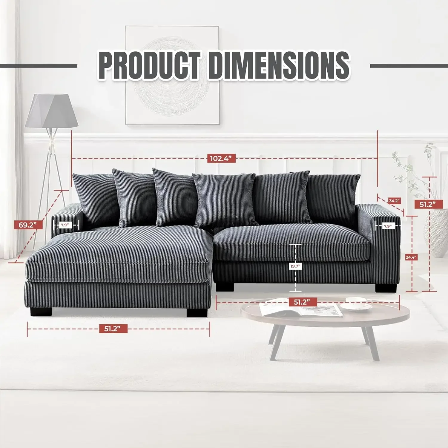 أرائك مقطعية كبيرة الحجم من Luxe لغرفة المعيشة، أريكة على شكل حرف L مع كرسي، منجدة بقماش سروال قصير