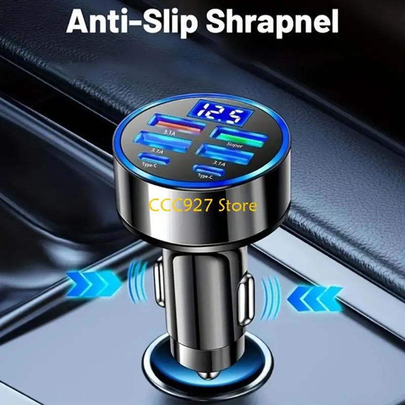 B03F Practical Metal Plastic Car Charging Adapter with 4 USB Ports Real Time Current Screen Display for Car Use