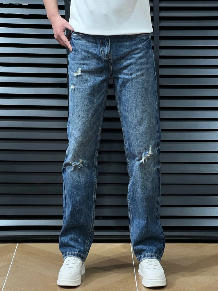 

Blue Men's Straight Leg Jeans Casual Loose Fit Tear Style Youthful Trendy Cotton Denim Pants Spring Summer Fashion