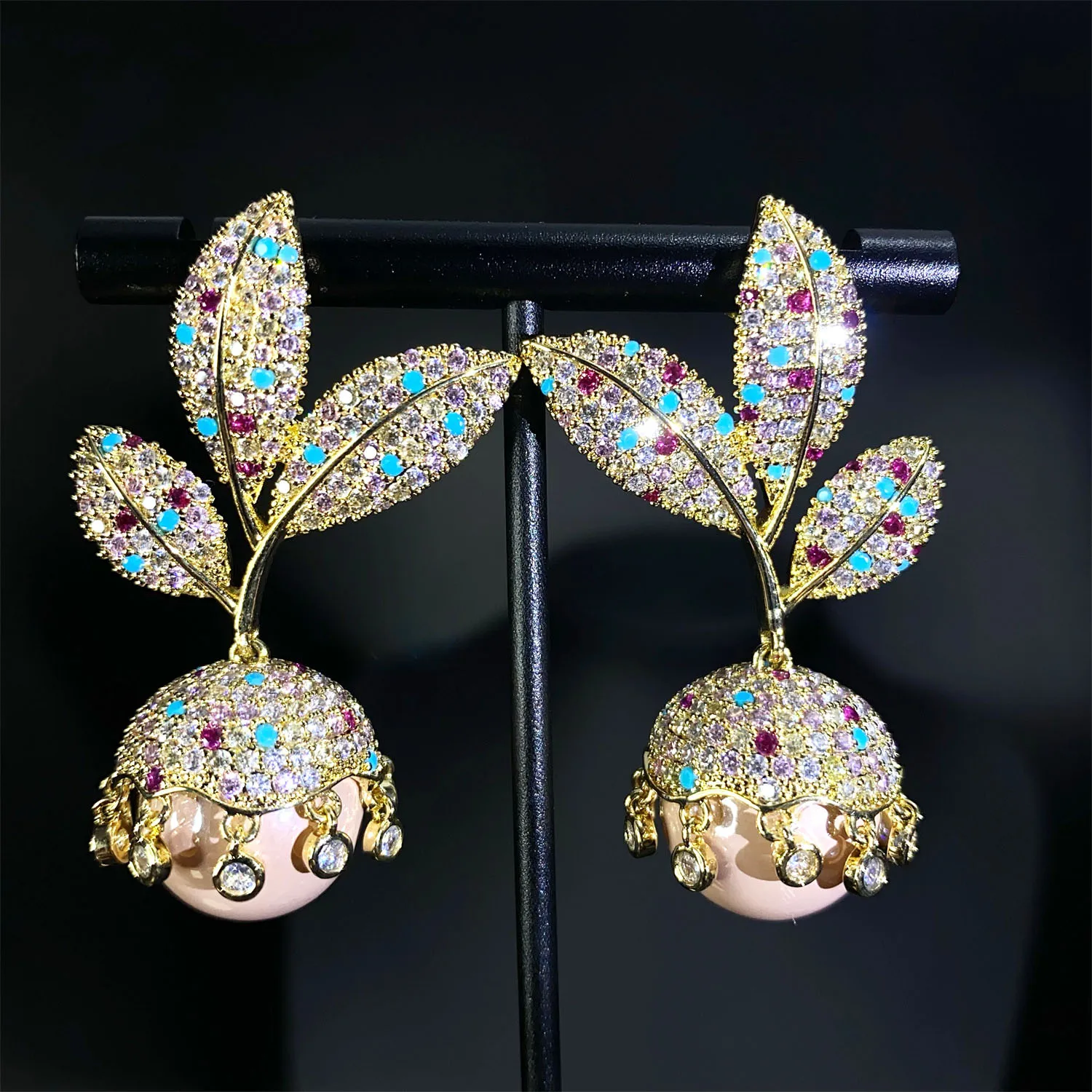 

unique design earrings zircon pearl pendant gold color leaf earrings for wedding bridal evening party gown jewelry women gift