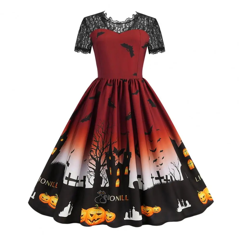 

Halloween Dress Elegant Lace Halloween Party Dress with Bat Print Retro A-line Style Big Hem for Cosplay Evening Events Retro