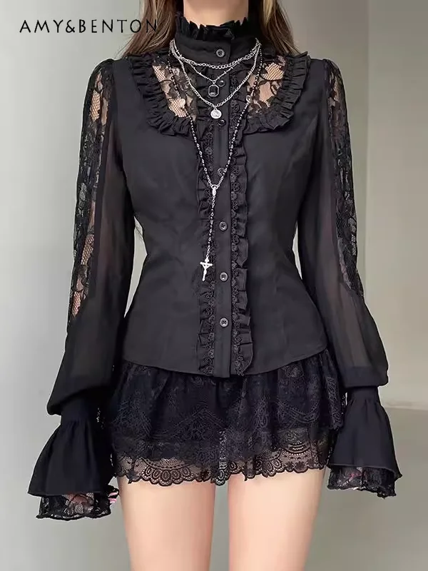 Court Style Dark Lace Off Shoulder Spliced Tops Gothic Subculture Semi-turtleneck Single Breasted Blouse Sweet Cool Shirt Women