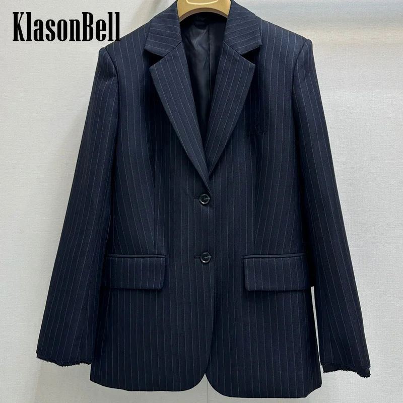 8.15 Klasonbell Women Letter Embroidery Classic Striped Frayed Long Sleeve Blazer Notched Single Breasted Back Split Jacket