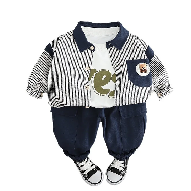 Spring Autumn 2024 Kids Boys 3PCS Clothes Letter Printed Tops Striped Polo Shirts Solid Pants Suit Toddler Boys Outfits