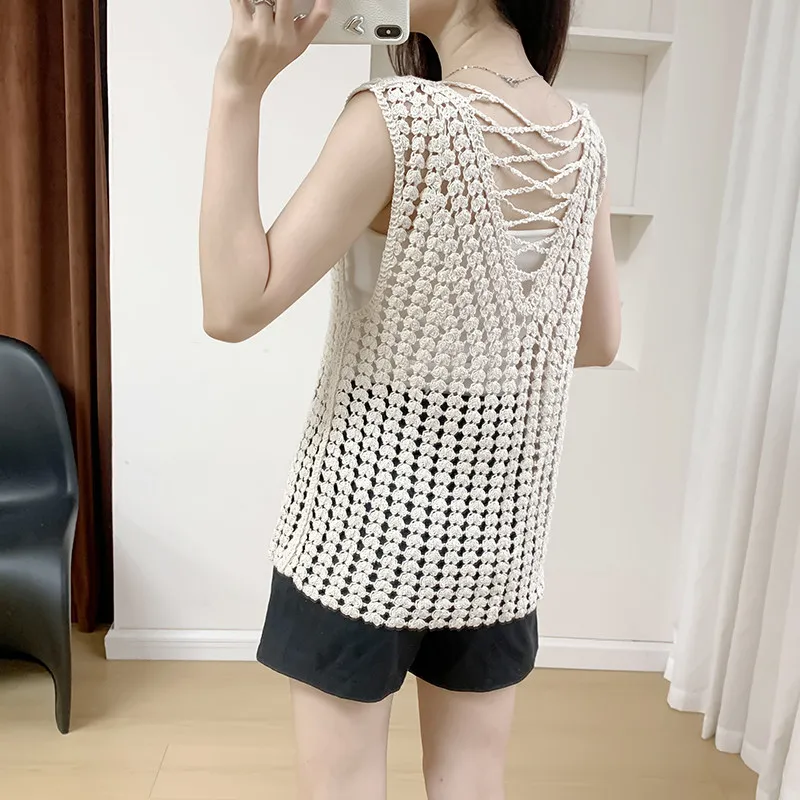 Open Knit Crochet Sleeveless Top Crisscross Lace-up Back V-Neck Tunic Top Lace Blouse Women Summer Beach Cover Up Boho