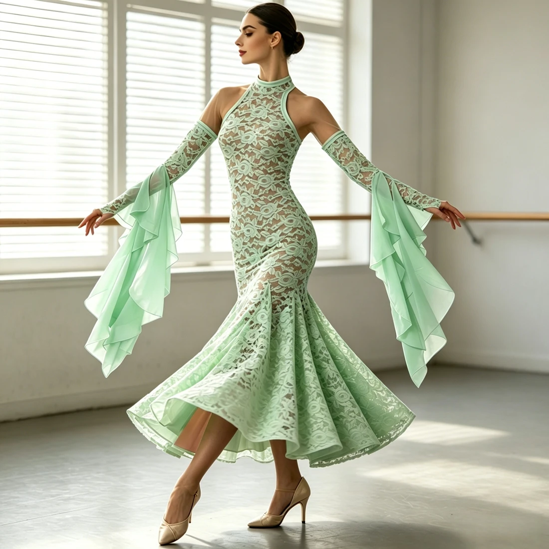 

Customized Light Green Backless Lace Modern Dance Dress With Floating Sleeves Eight-piece Double-layered Waltz Performance Dress
