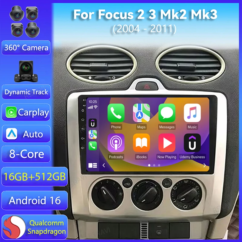 Radio para Auto con Android 16 y Carplay para Ford Focus 2 3 Mk2 Mk3 2004 2005 - 2011, Navegación GPS, WIFI+4G, Reproductor Multimedia, Pantalla 2K