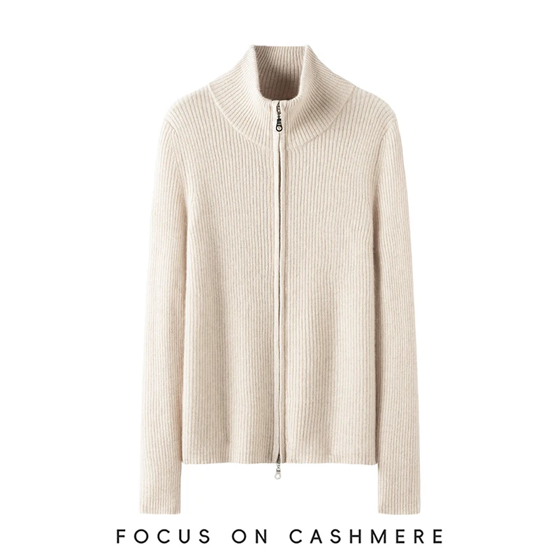 Damski sweter z wysokim kołnierzem, zapinany na zamek, w drobne paski, wykonany w 100% z kaszmiru, swobodny, modny sweter-płaszcz, wygodny, miękki, dzianinowy na jesień i zimę.