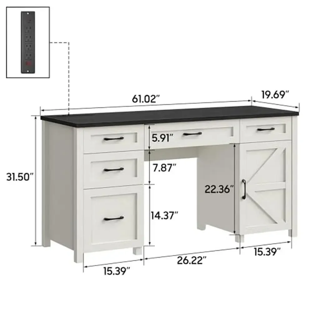 Farmhouse Executive Desk Charging Station File Storage 61'' 5 Drawers Rustic Office Computer Desk Organized Workspace Rustic