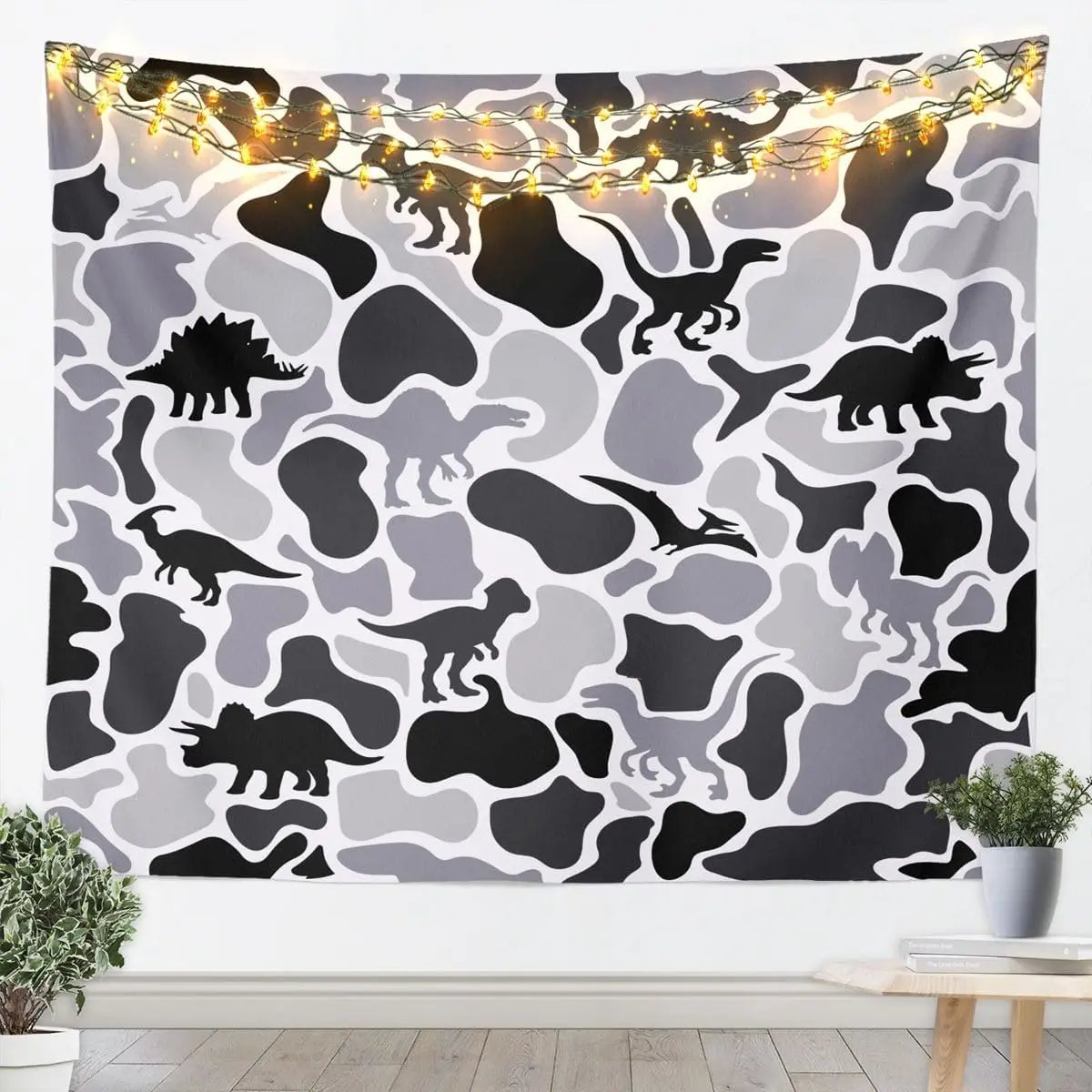 Camouflage Dinosaur Tapestry, Black Gray Camo Dinosaur Silhouette Print Wall Hanging, Ideal For Boys Bedroom, Dorm & Gaming Room