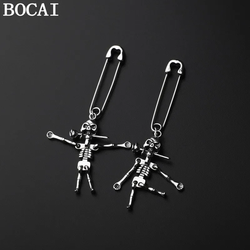 BOCAI S925 Sterling Silver Retro Personality Movable Skull Rose Pin Earring