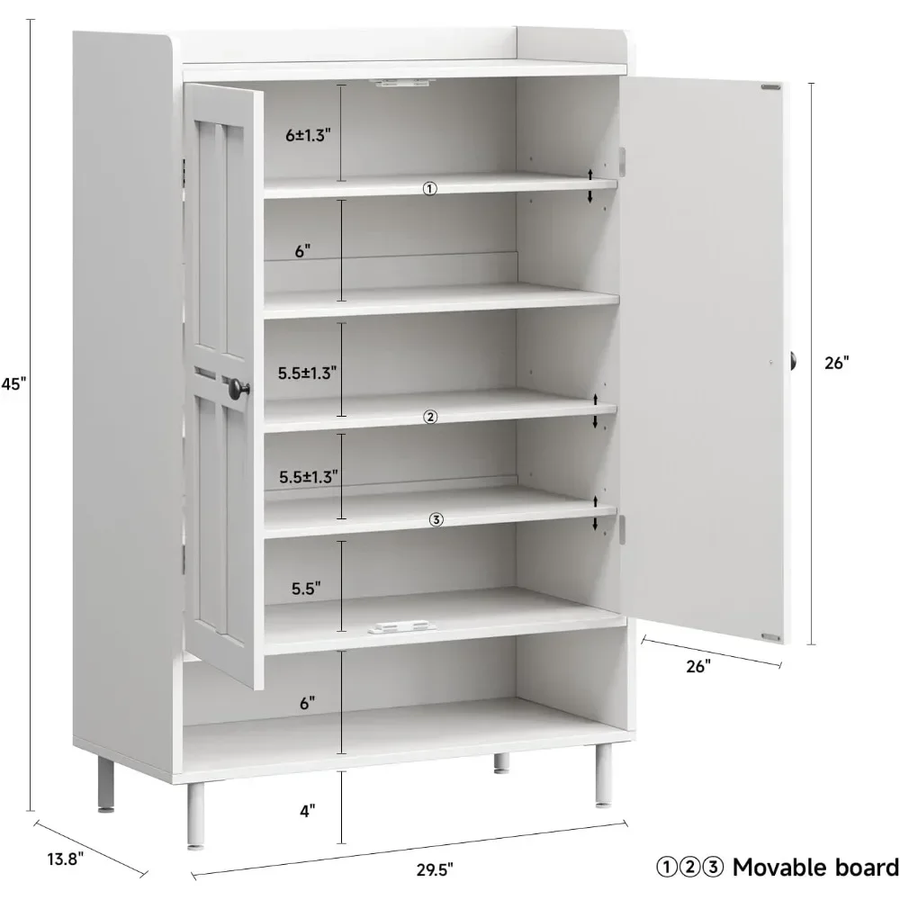 Shoe Cabinet Storage for Entryway, 6-Tier Farmhouse Shoe Storage Cabinet with Cross Molding Doors and 3 Adjustable Shelves