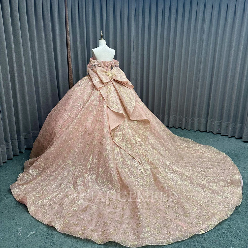 Customized Beads Quinceanera Dresses Sparkly Pink Princess Graduation Ball Gown Off The Shoulder Lace vestido de 15 quinceañera