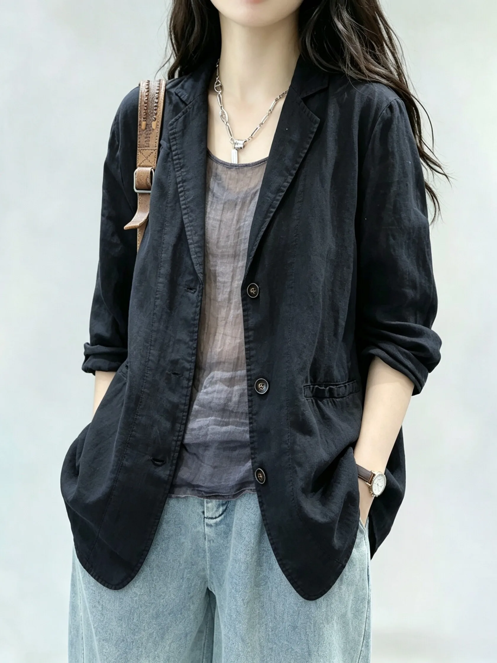 Elegant Cotton Linen Suit Jacket Women's Long Sleeve Casual Thin Spring Autumn High Waist Slimming Western Style Top