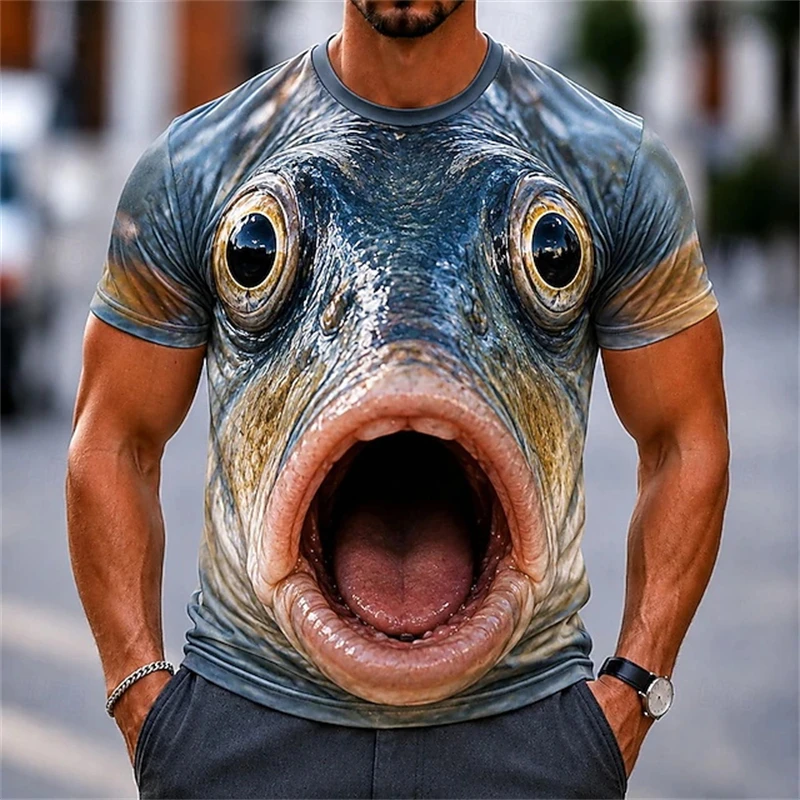 Mens Funny 3D Graphic Tee Funny Fish Pig Dog Face Design Short Sleeve T‑Shirt Loose Fit Casual Top For Holiday Gatherings Tops