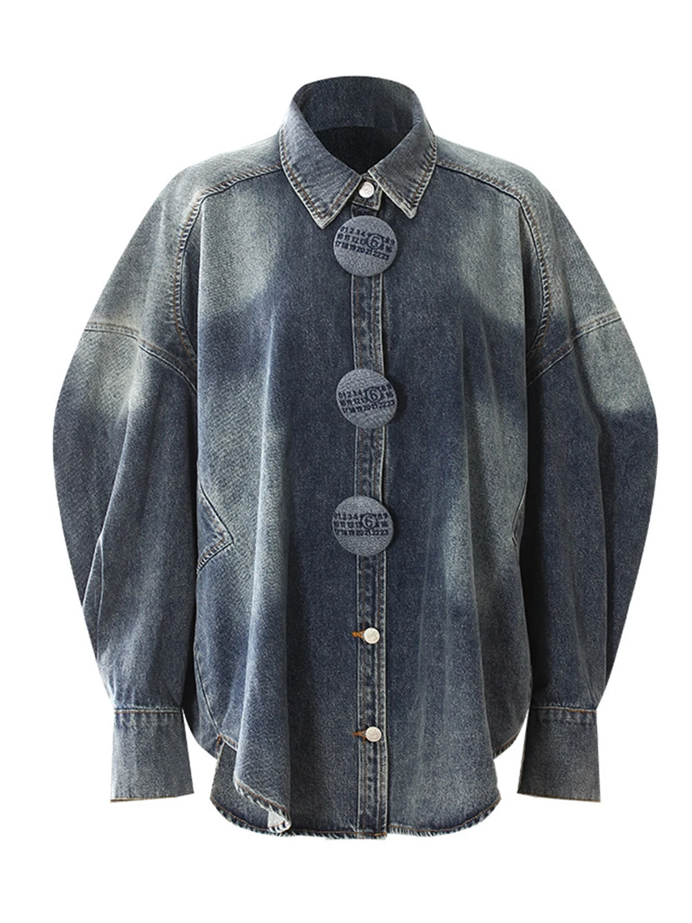 Modphy Losse Dames Tie-Dye Denim Lange Shirts 2025, Herfst Knop Single Breasted Blouse Bovenkleding Nieuwe Mode Tij