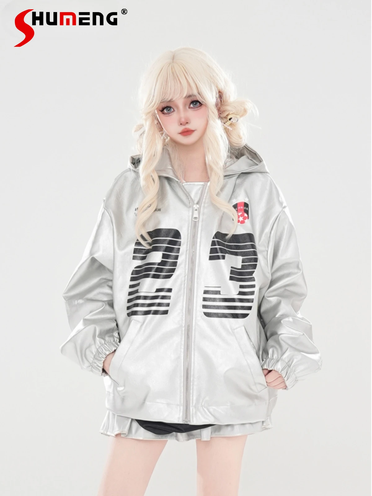 Japanese Highstreet Subculture Sweet Cool Y2K Top Letter Print Zipper Hooded Sweatshirts Women Leather Winter Jacket Coats