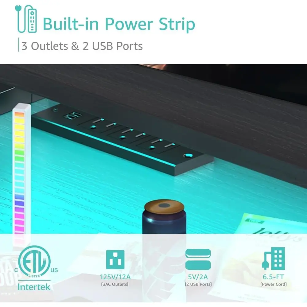 전원 콘센트가 있는 LED 조명 47 L자형 컴퓨터 책상, 모니터 스탠드와 패브릭 서랍이 있는 가정용 코너 사무실 책상, 블랙