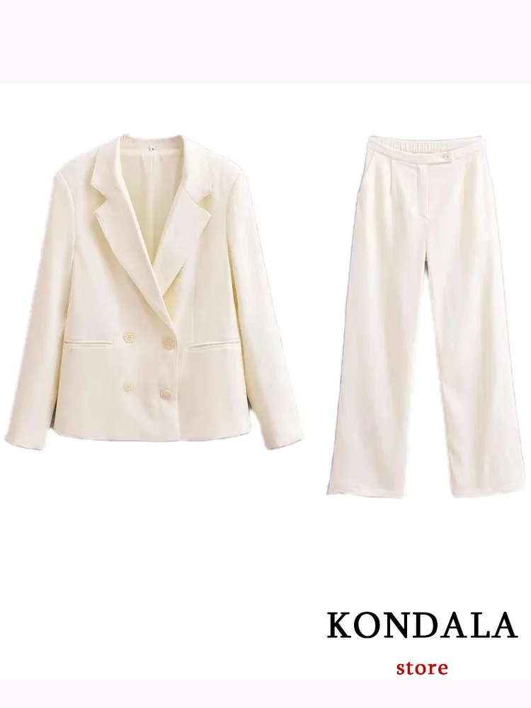 KONDALA Chic Casual Solid Women Suit V Neck Double Breasted Blazer Straight Loose Pants New Fashion 2024 Office Lady Beige Suits