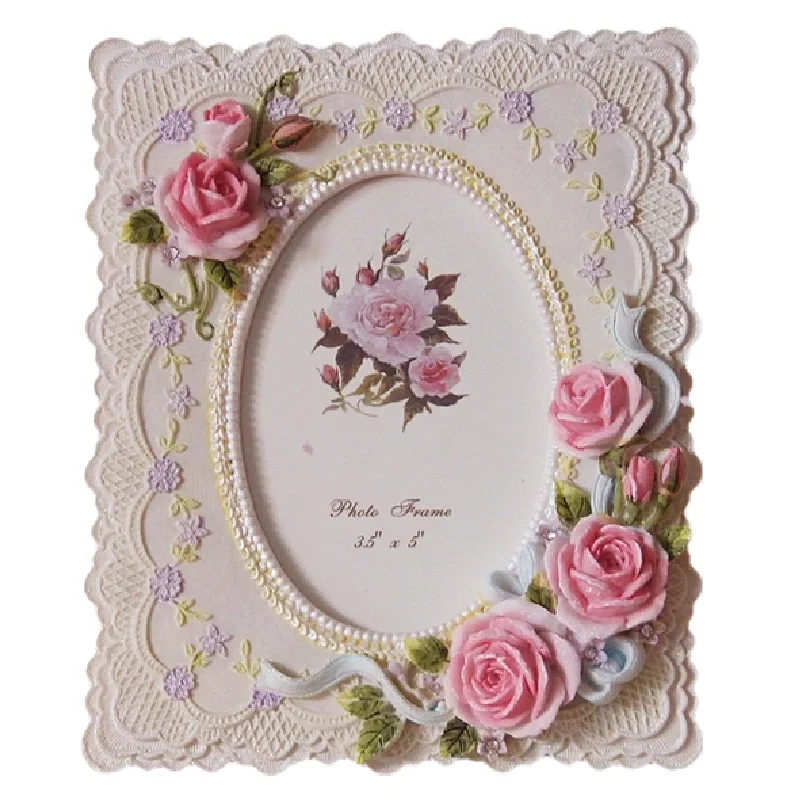Embossed Lace Rose Resin Photo Frame, Desktop Ornaments, Home Decoration Gifts, 6 Inch