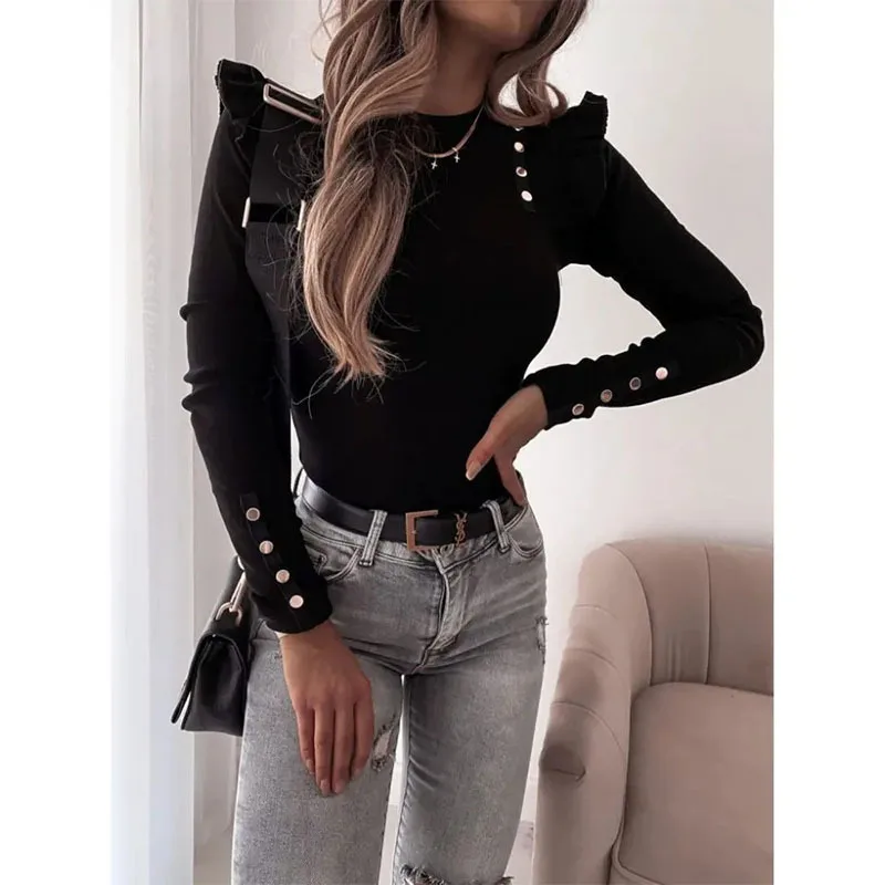 Autumn and Winter 2024 New Women\'s Sweater Slim Neck Button Decoration Long Sleeve Knitted Shirt Street Dress