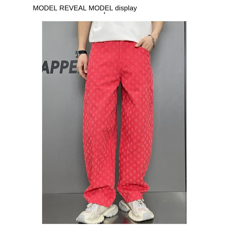 

Y2K street personality retro jacquard jeans men's wide-legged jeans fashion street shoot loose enamel red pantalones hombre