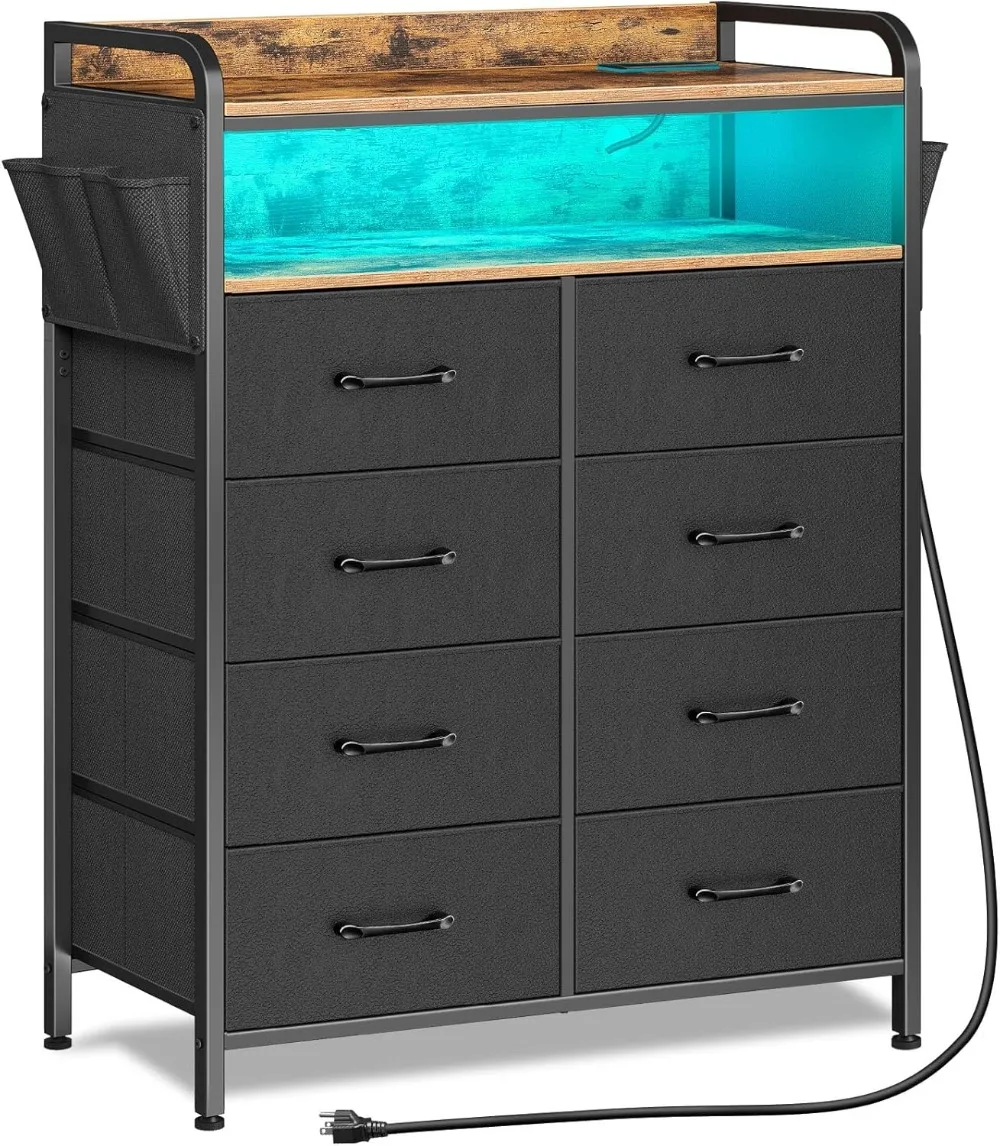 Dresser with Power Outlets and LED Lights, 8 Drawers with Side Pockets, Fabric Chest of Drawers with PU Finish,for Bedroom