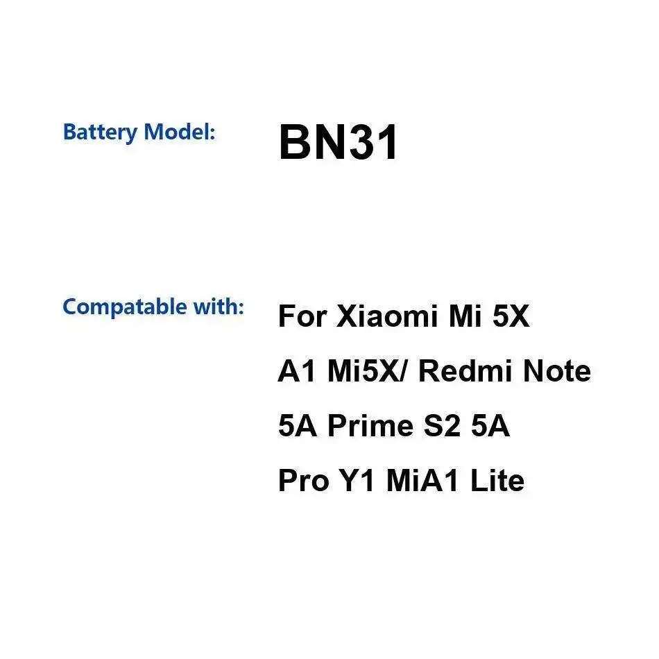 

Для Xiaomi MI 5X A1 Mi5x Redmi Note 5A Prime S2 Pro Y1 Mia1 Lite долговечный аккумулятор для мобильного телефона BN31 3080 мАч