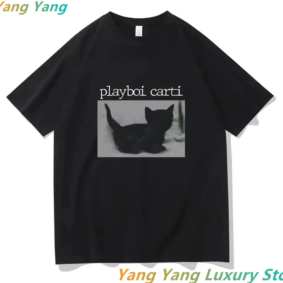 New Playboi Carti Oversized Hip-Hop T Shirts Cute Cat Harajuku Print Cotton Tshirt Regular Summer Women Men Cotton T-shirt Tops