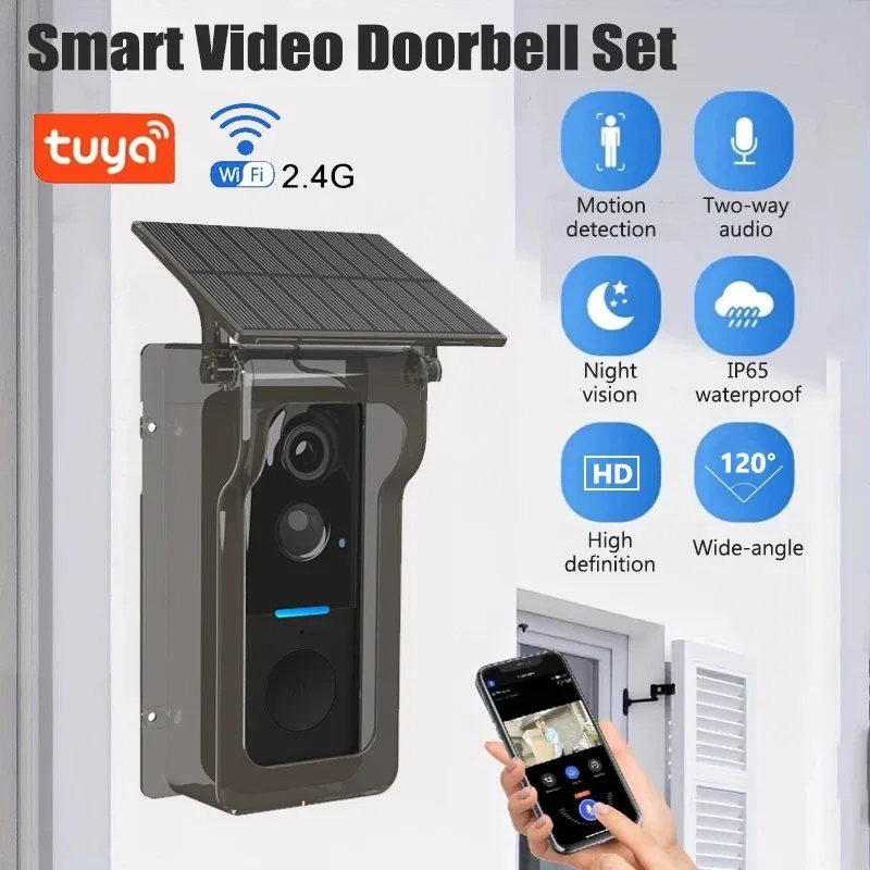 

Tuya Outdoor Wireless Doorbell Solar Rain Cover Waterproof WiFi Door Bell Camera Motion Detection Two-way Audio Video Intercom