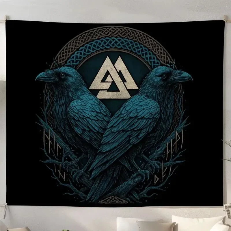 Norse Mythology Raven Tapestry, Valknut Symbol Wall Hanging for Bedroom Altar Decor, Dark Aesthetic Home Art Gift
