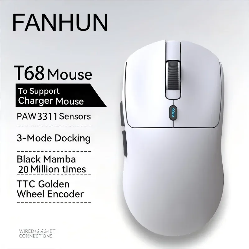 FANHUN T68 Wireless Three Mode Gaming Mouse 55g Lightweight TTC Switch 3311IC 12000dpi Adjustable 1000HZ 7 key Programmable