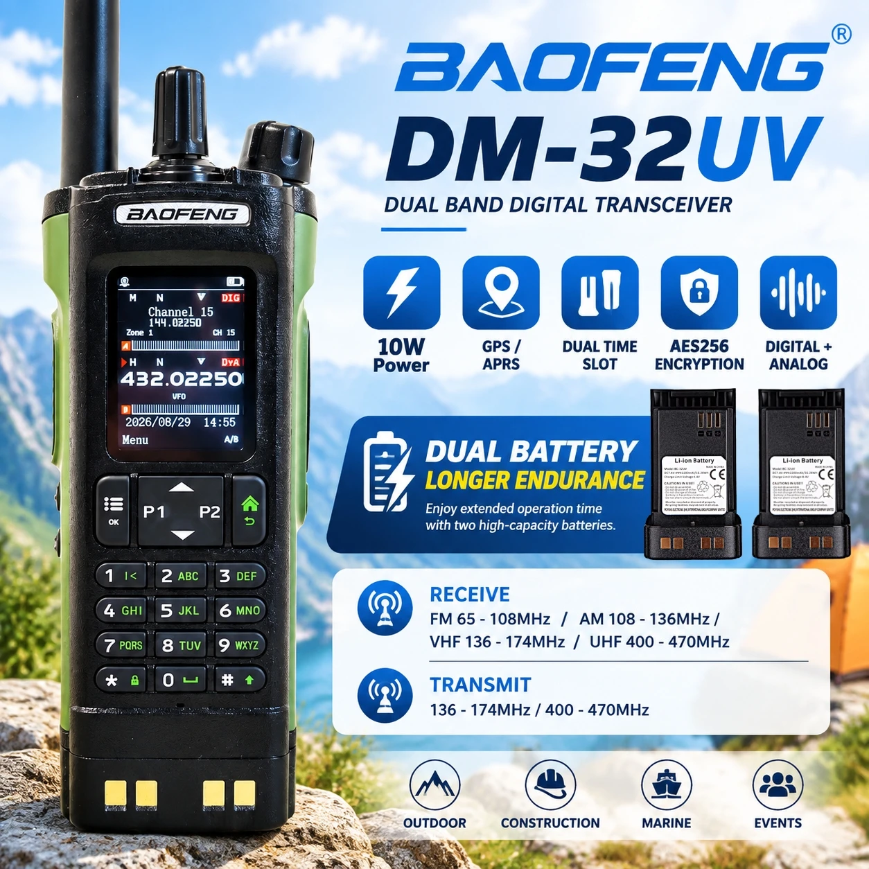 Baofeng Dm-32 10W Dual Battery Long-Lasting Dmr Walkie Talkie Gps/Aprs Aes256 Encryption Ham Radio For Outdoor Work