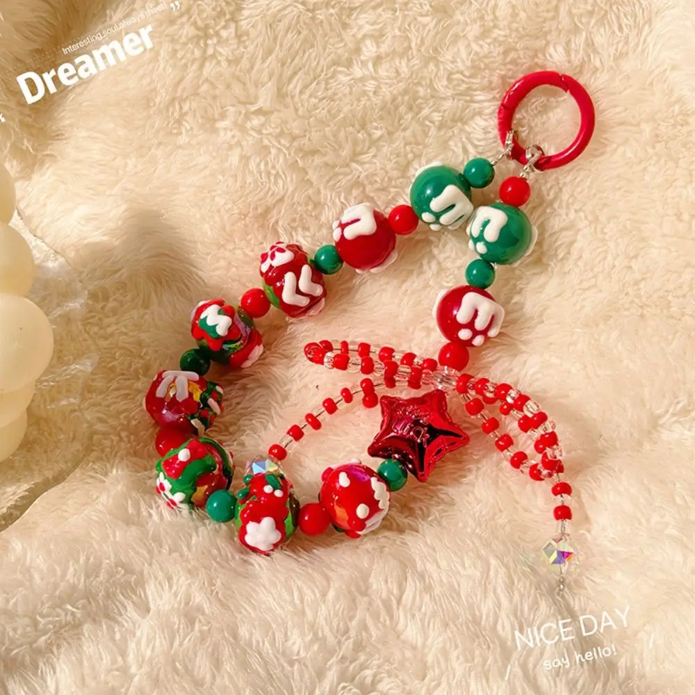 Fashion Christmas Mobile Phone Strap Beaded Hand-painted Bag Pendant Keychain Colorful Double Chain Phone Charm Rope