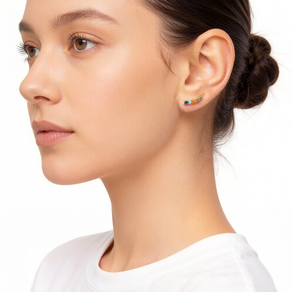 Golden Ear Climber Colourful Stones Bohemia Gift 925 Sterling Silver Fine Jewerly For Women