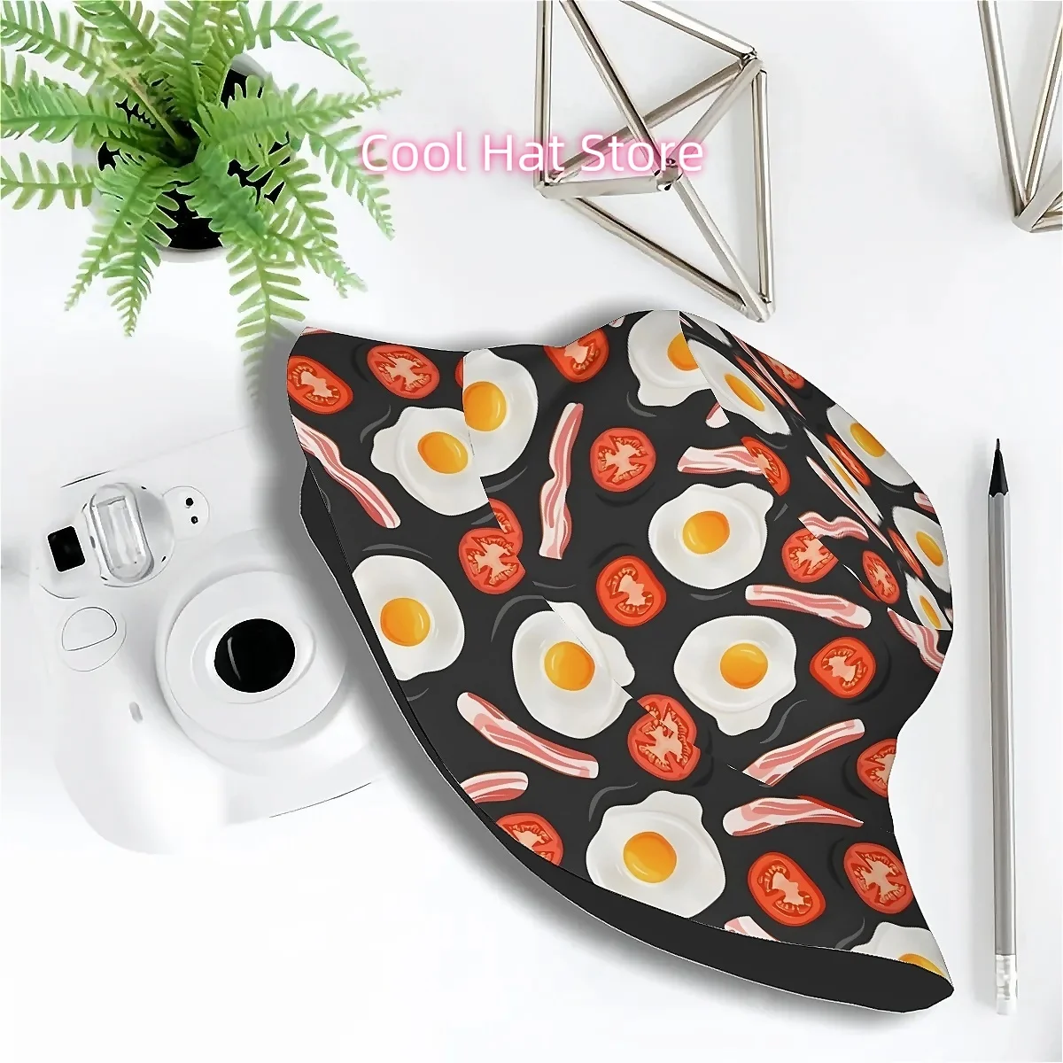 1pc Funny Fried Egg Bacon Tomato Print Bucket Hat - Unisex Wide Brim Sun Hat with Fried Egg Yolk & Bacon Strips Design for Men &
