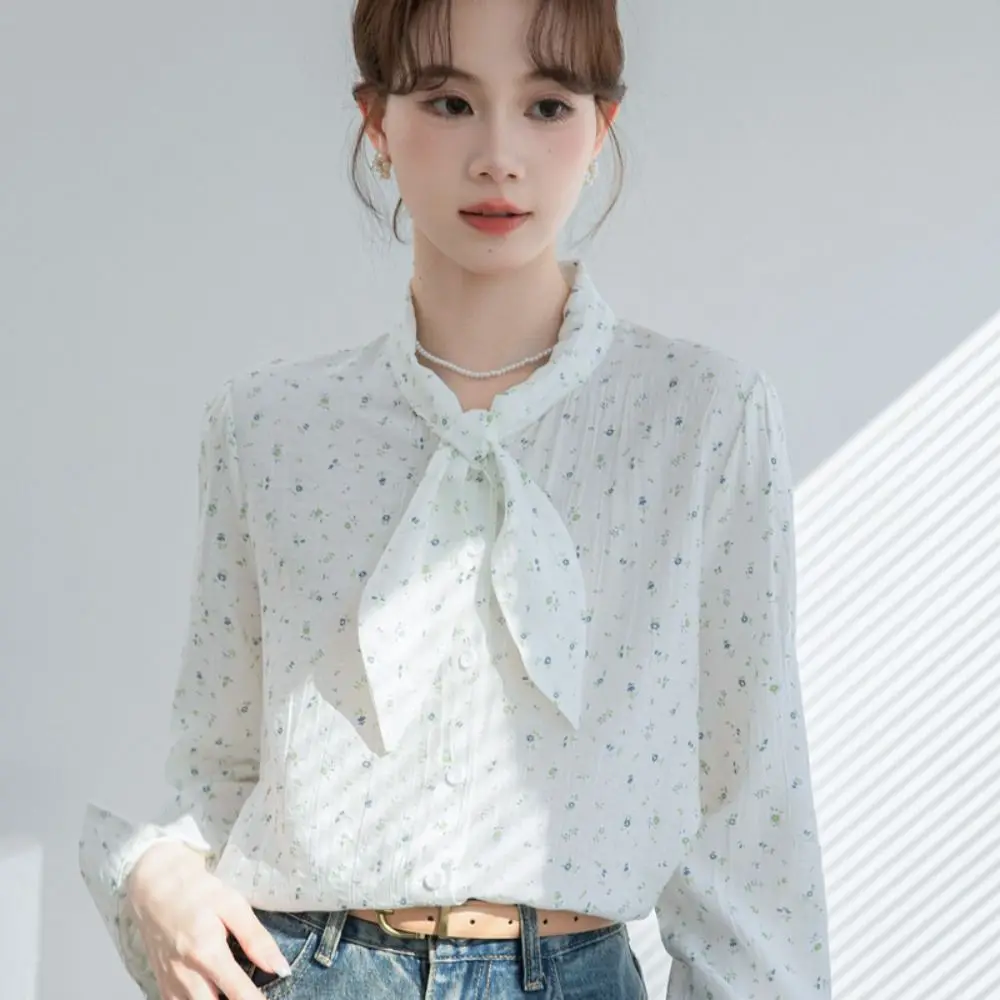 

Comfortable Sweet Blouses for Women Light Blue Bow Tie Long Sleeve Shirts Chic Thin Girls Top Office