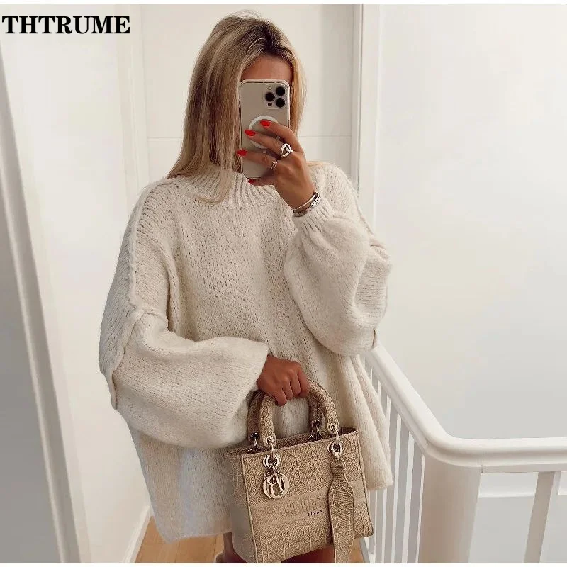 Oversized Solid Chic Sweater For Women Fashion Long Sleeve Round Neck Knit Loose Pullovers Casual Thick Communte 2024 New Jumper