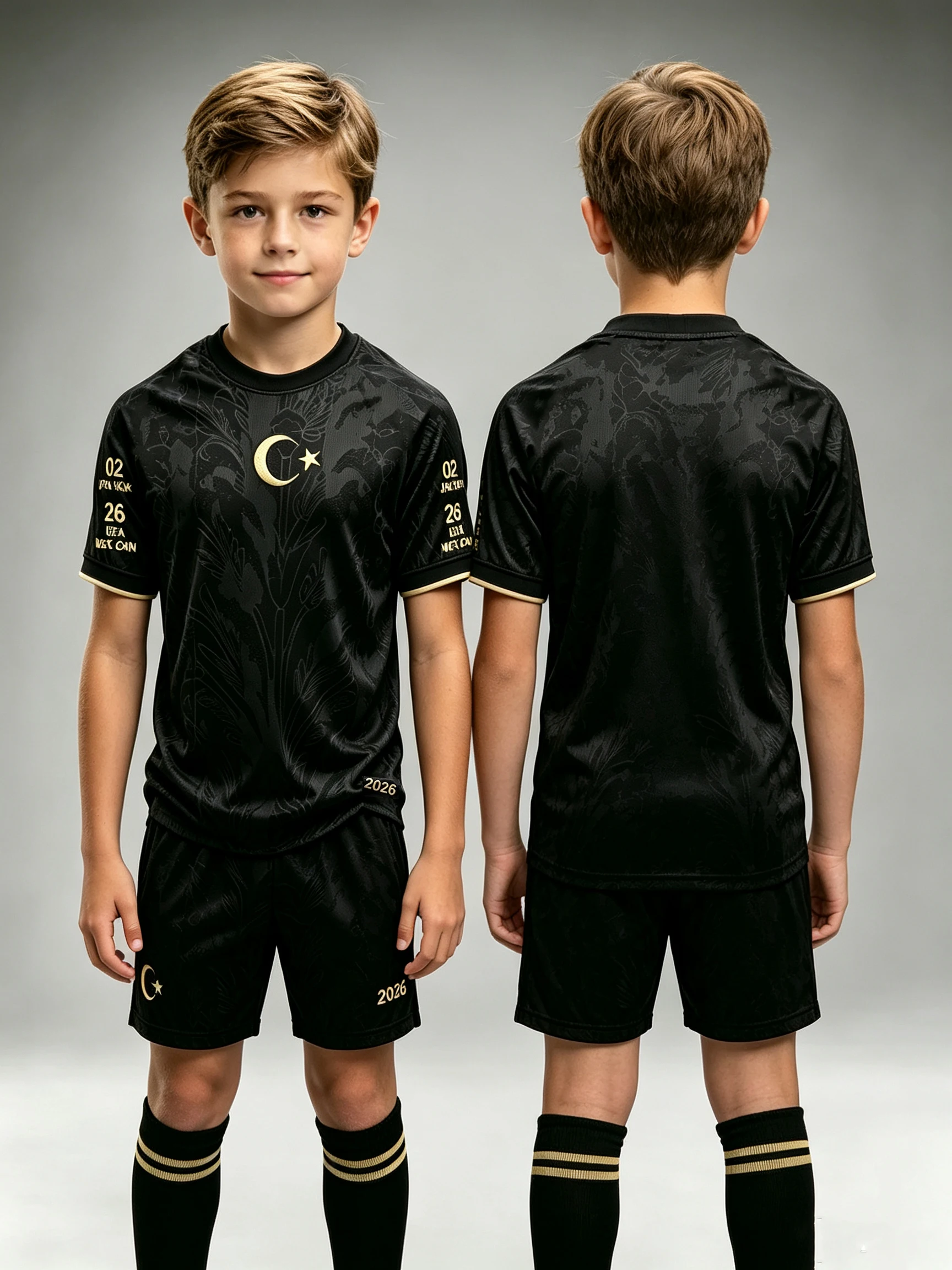 26-27 Turkey Black Floral Jacquard Soccer Jersey White Crescent Star Emblem Sleeve Tournament Print Football Unifor Set Clothing