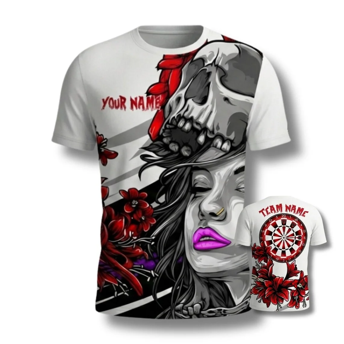 Gothic Skull Girl Darts Shirt, Custom Name & Team, Punk Goth Jersey,Custom Name Sleeve Summer Unisex T-shirt